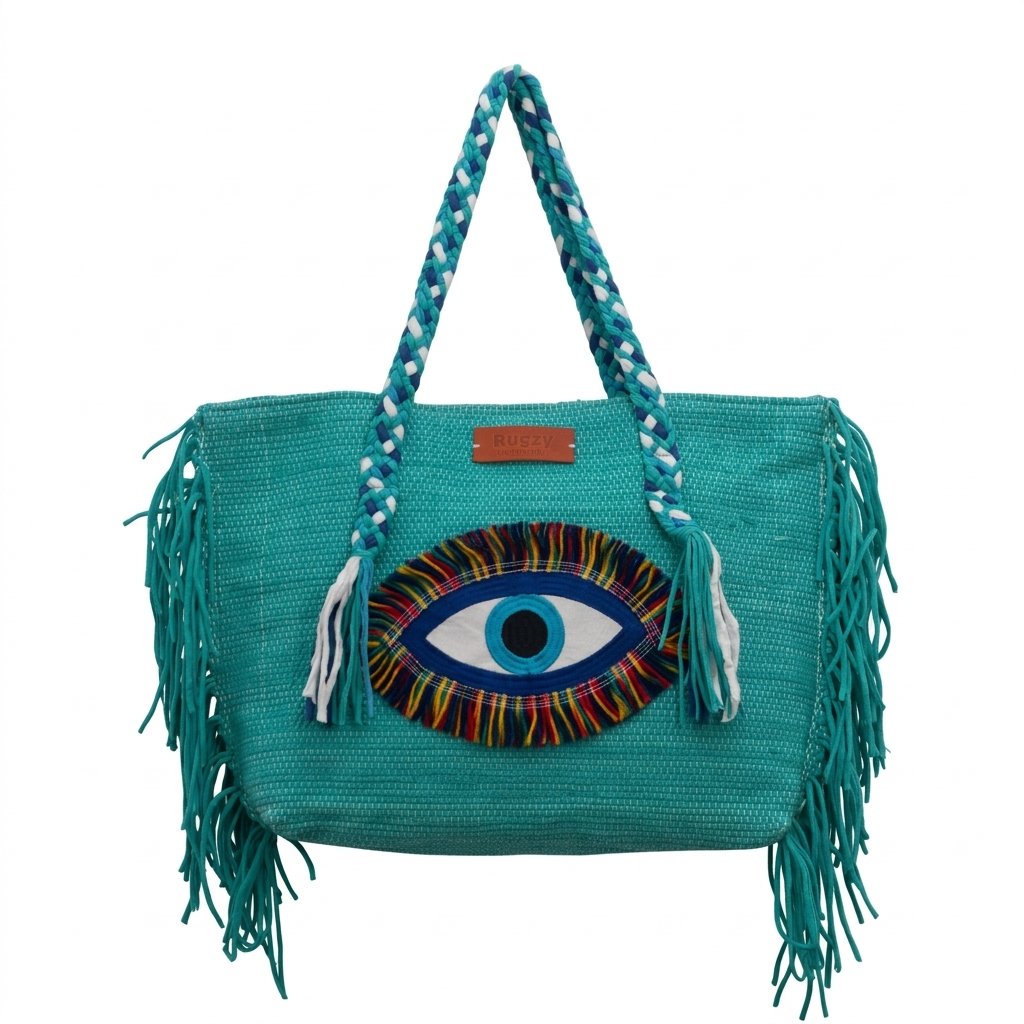 Turquoise Evil Eye Fringe Beach Tote