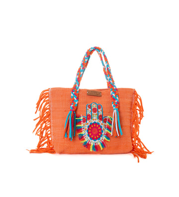 Orange Hamsa Hand Floral Fringe Beach Tote