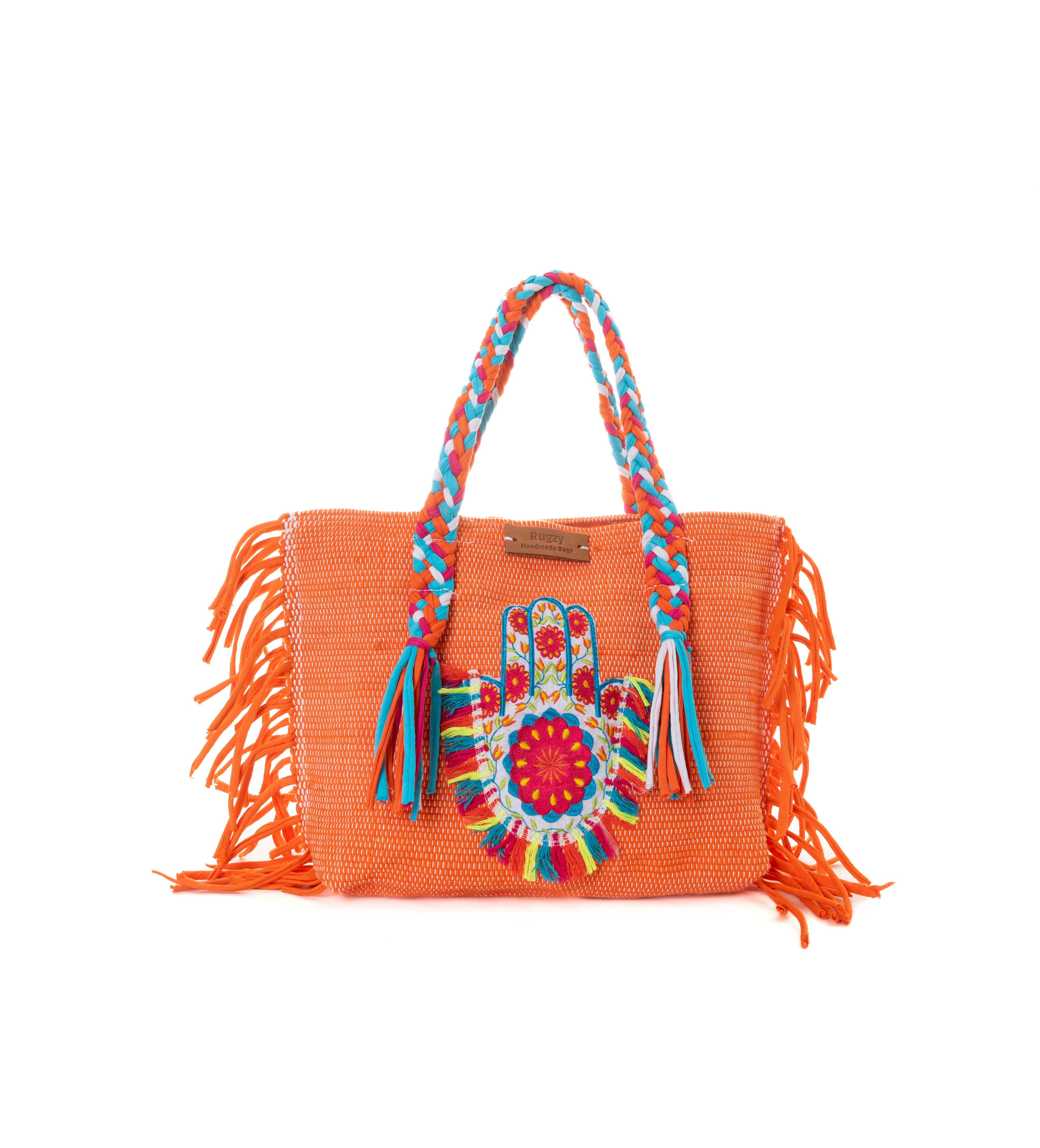 Orange Hamsa Hand Floral Fringe Beach Tote