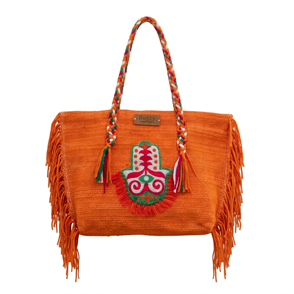 Orange Hamsa Folk Art Fringe Beach Tote