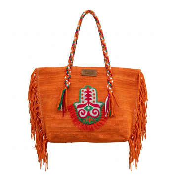 Orange Hamsa Folk Art Fringe Beach Tote