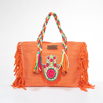 Orange Hamsa Hand Fringe Beach Tote