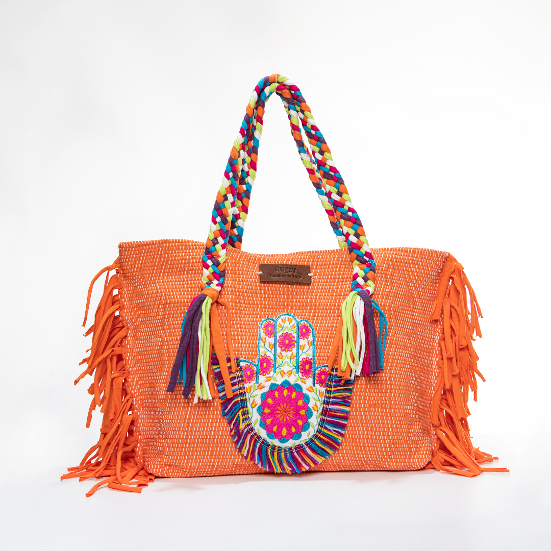 Orange Hamsa Hand Rainbow Fringe Beach Tote