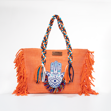 Orange Hamsa Evil Eye Fringe Beach Tote