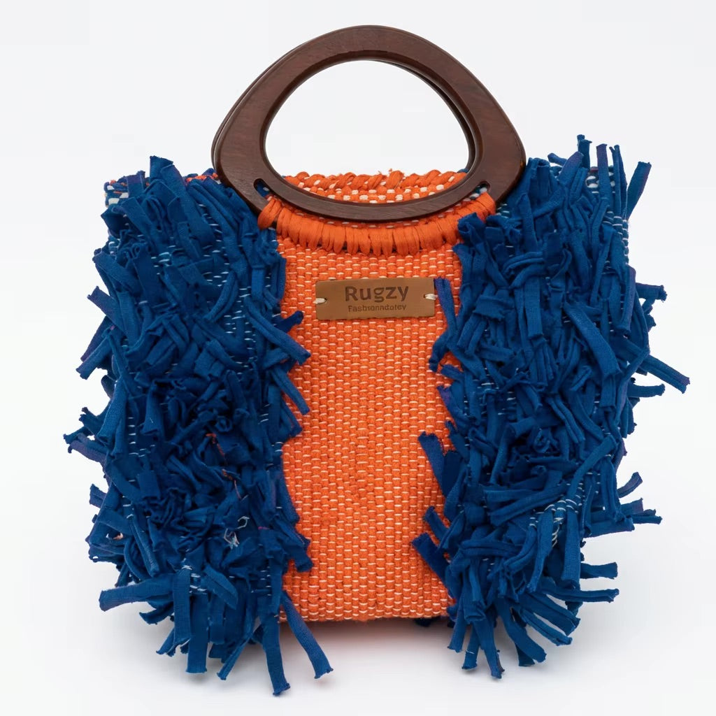 Navy Blue & Orange Fringe Tote Bag