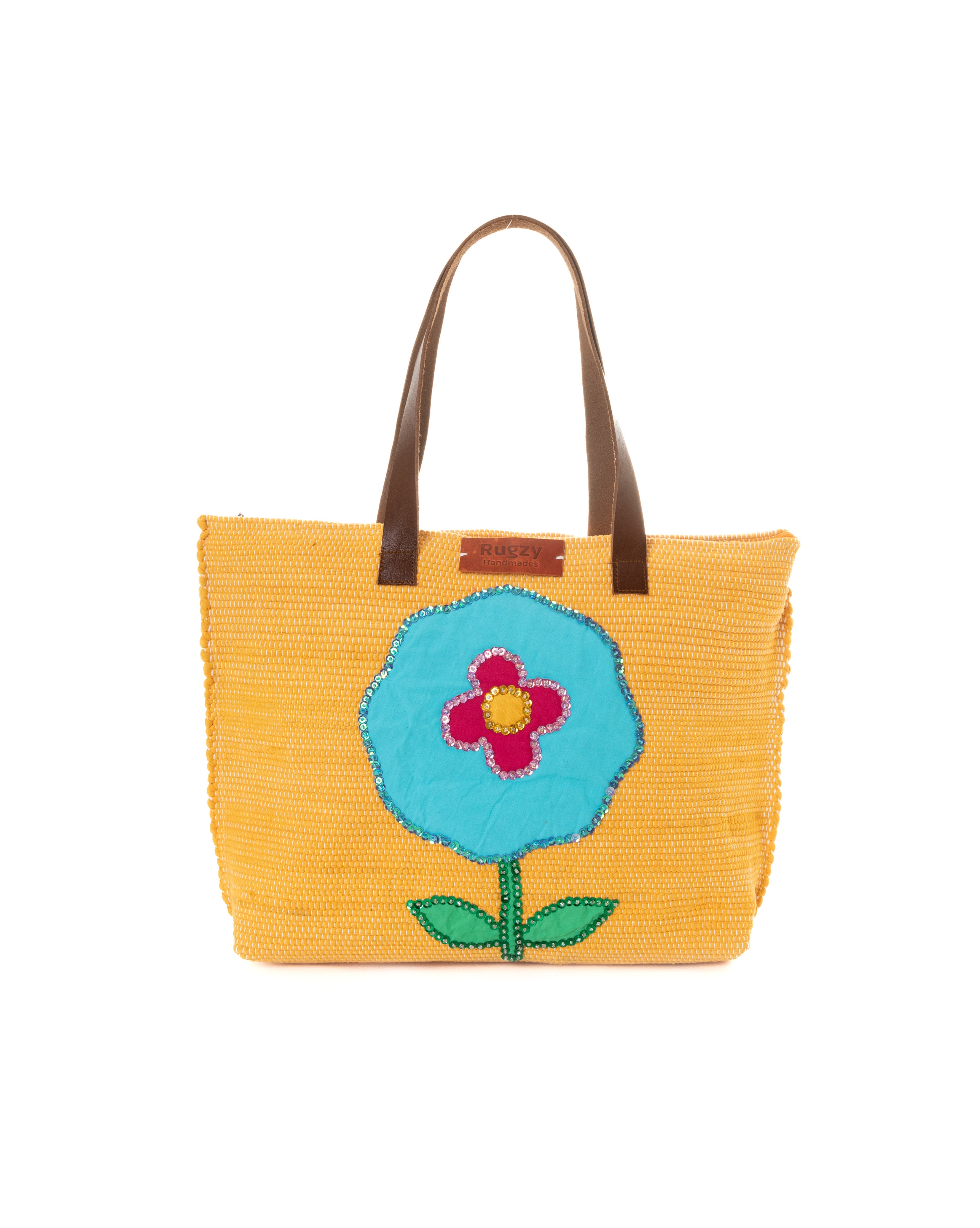 Mustard Yellow Sequin Flower Beach Tote