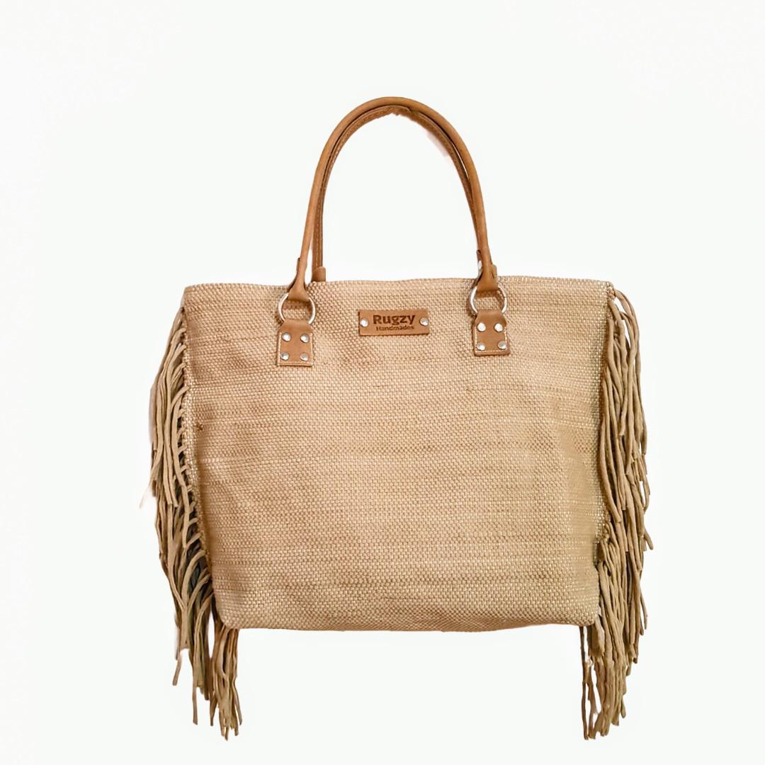 Beige Woven Casual Tote Bag