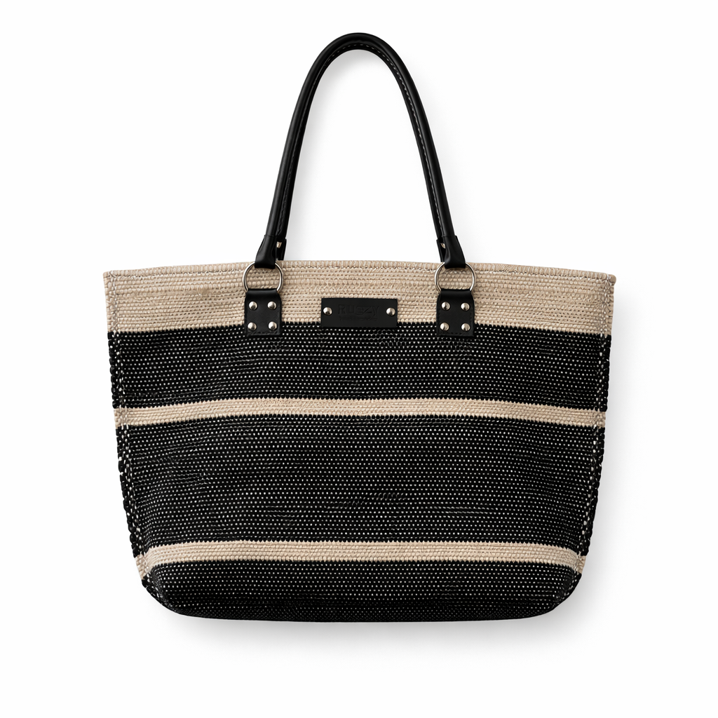 Black & Beige Stripe Woven Tote Bag