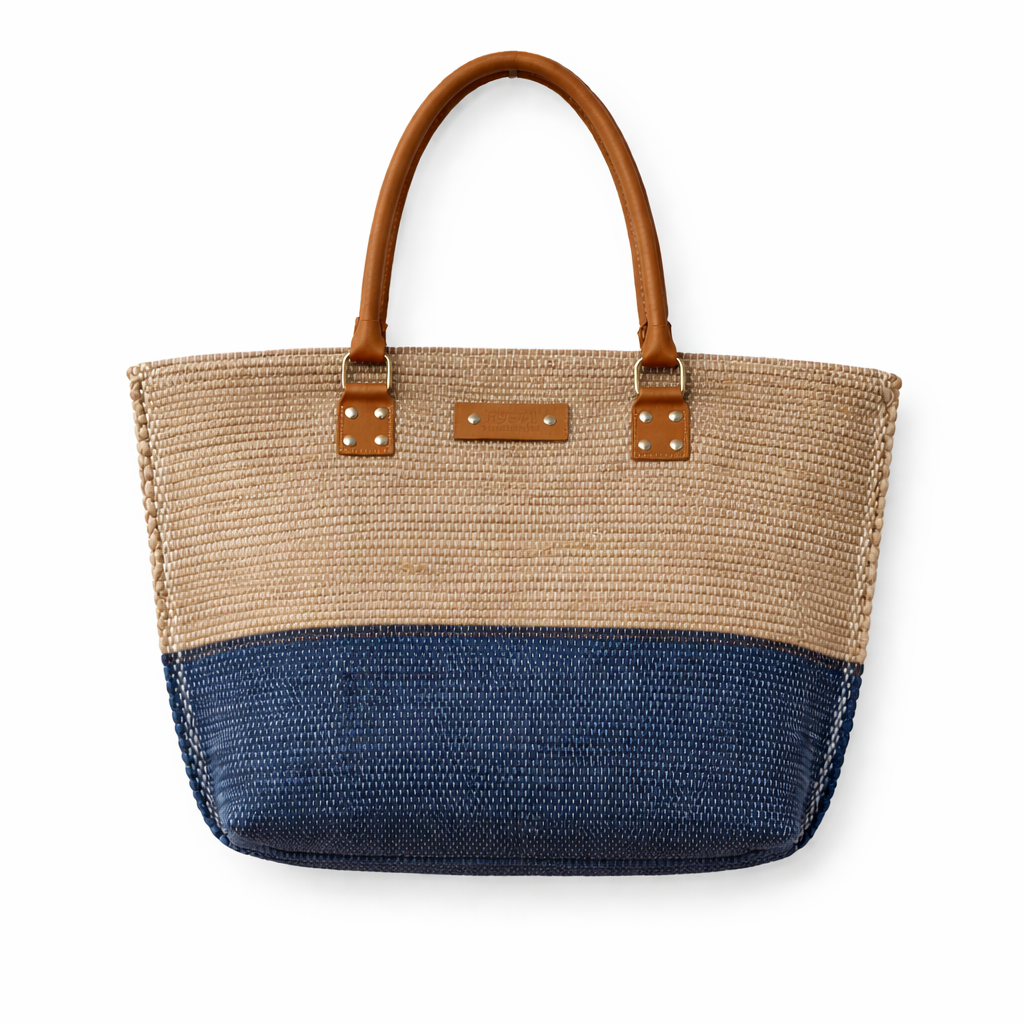 Classic Sand & Navy Woven Tote Bag