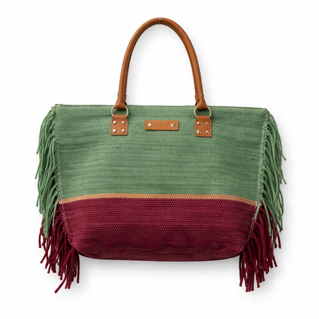 Green & Burgundy Woven Tote Bag
