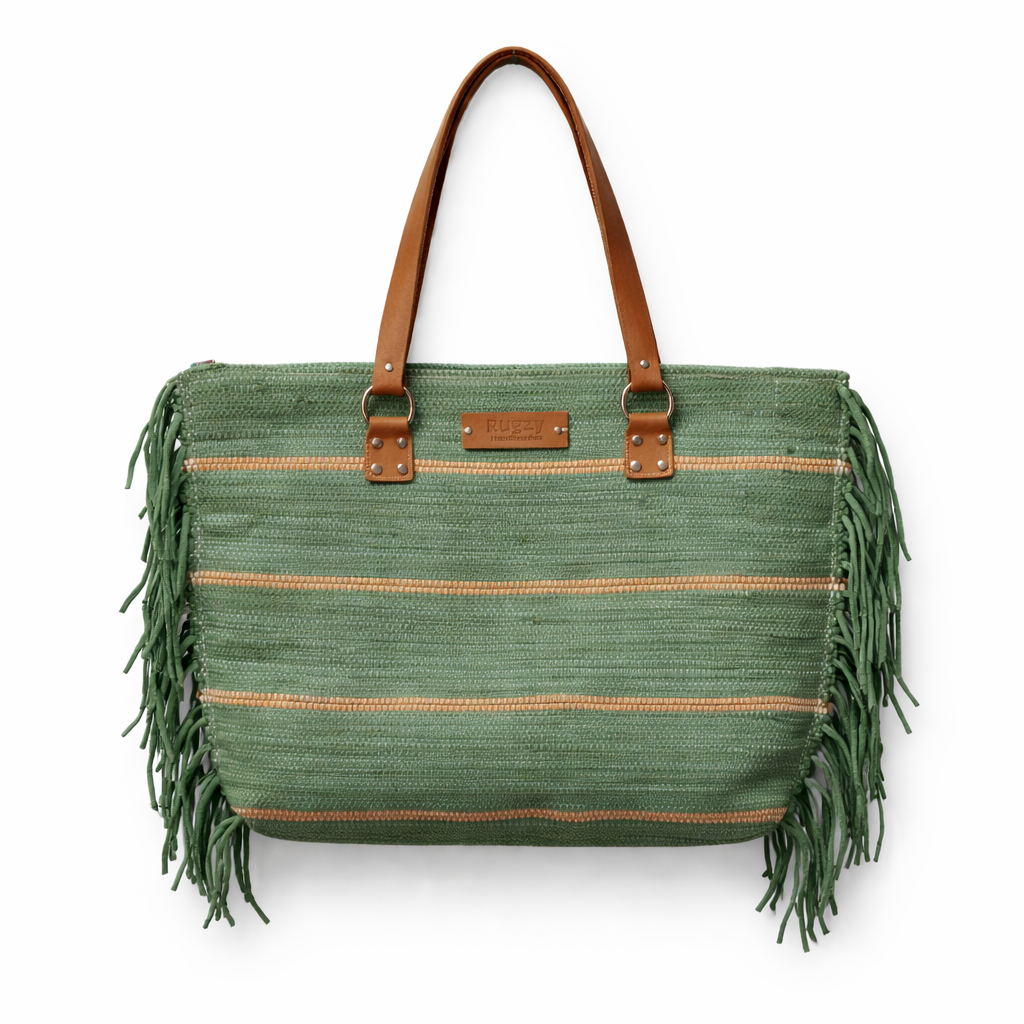 Green Striped Woven Casual Tote Bag
