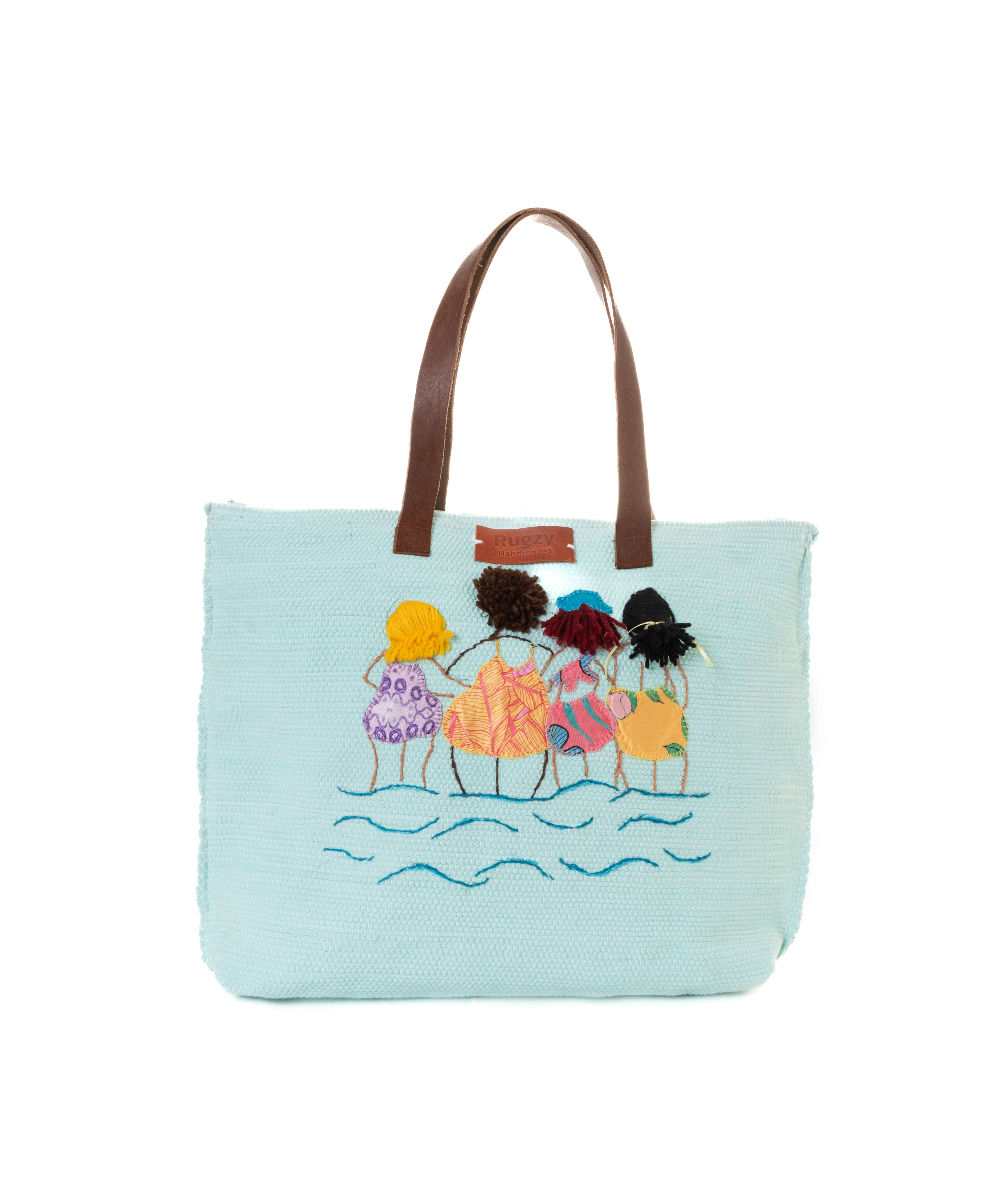 Aqua Blue Beach Girls Pom-Pom Tote