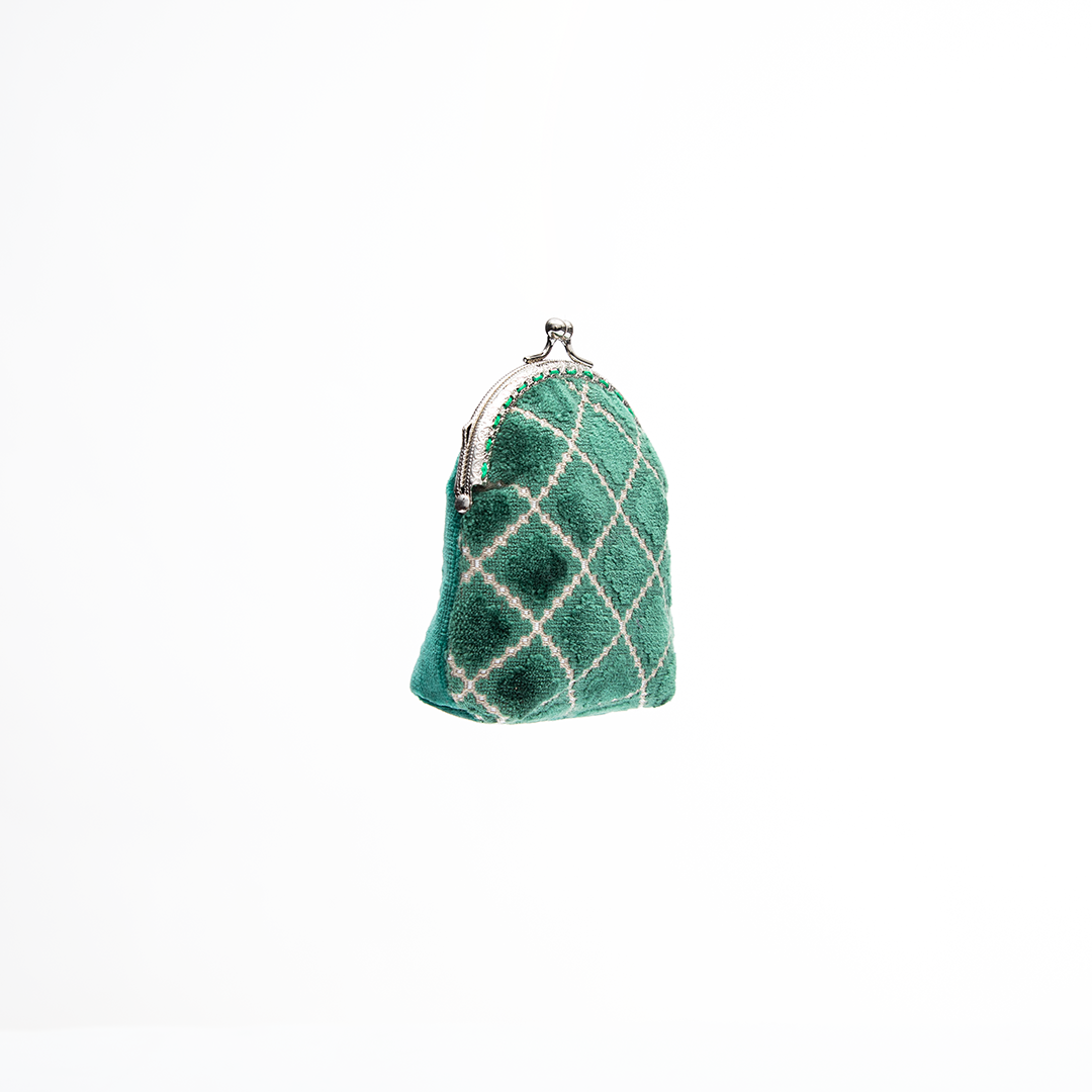 Emerald Lattice Velvet Kiss-Lock Coin Purse