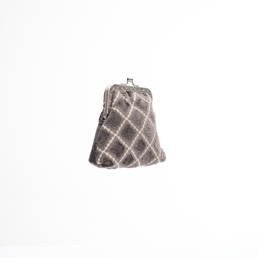 Stone Grey Lattice Velvet Kiss-Lock Coin Purse