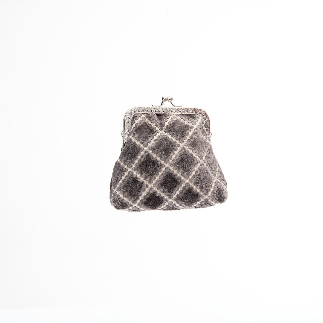 Stone Grey Lattice Velvet Kiss-Lock Coin Purse