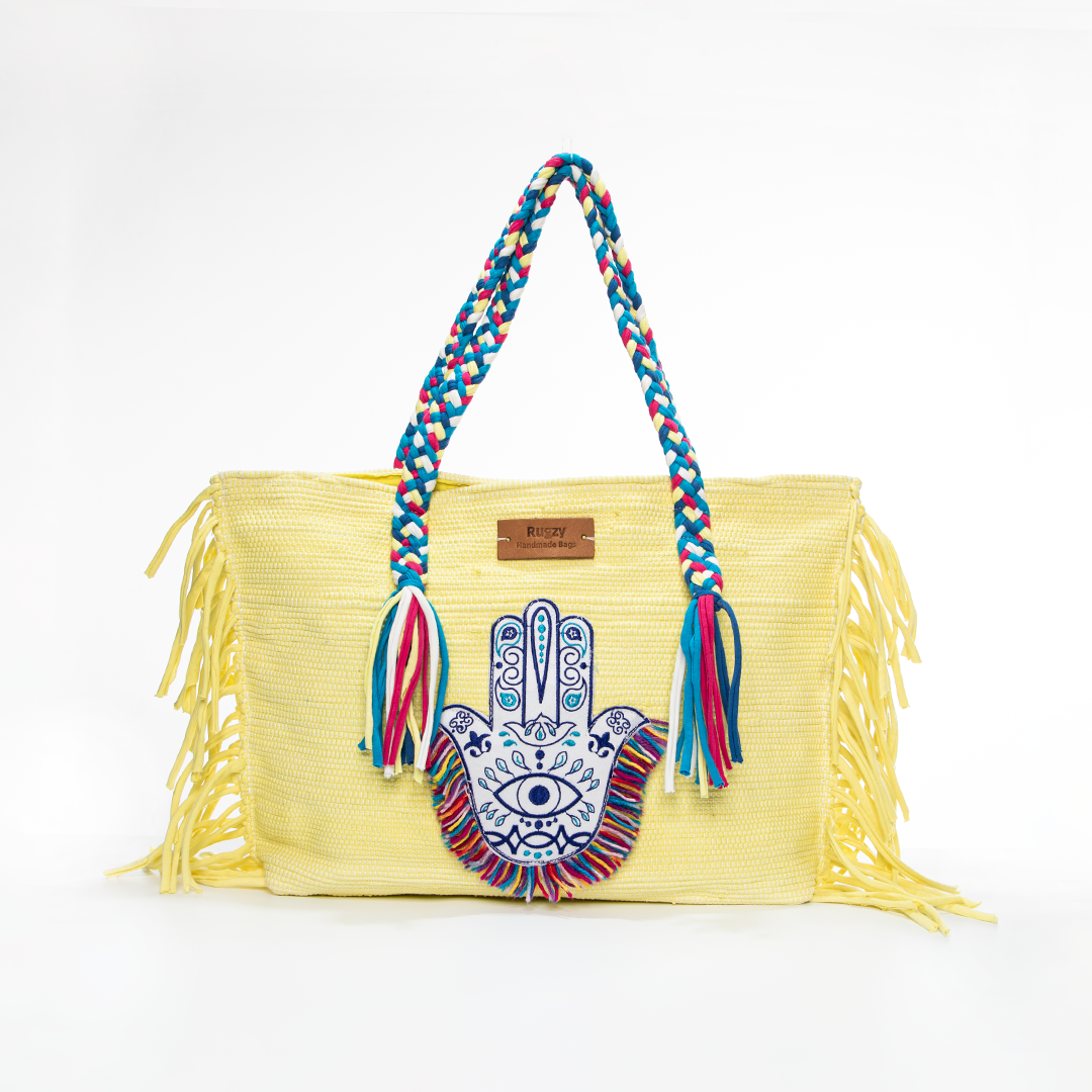 Soft Yellow Hamsa Evil Eye Arabesque Fringe Beach Tote