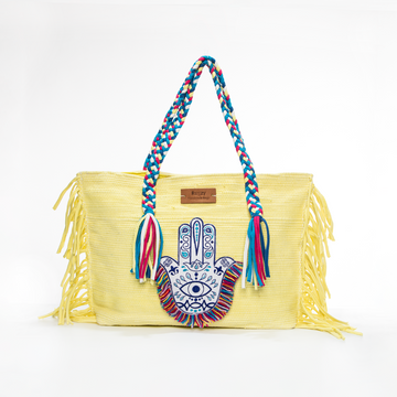 Soft Yellow Hamsa Evil Eye Arabesque Fringe Beach Tote