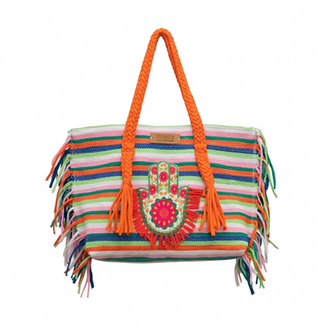 Multicolor Stripe Hamsa Hand Fringe Beach Tote