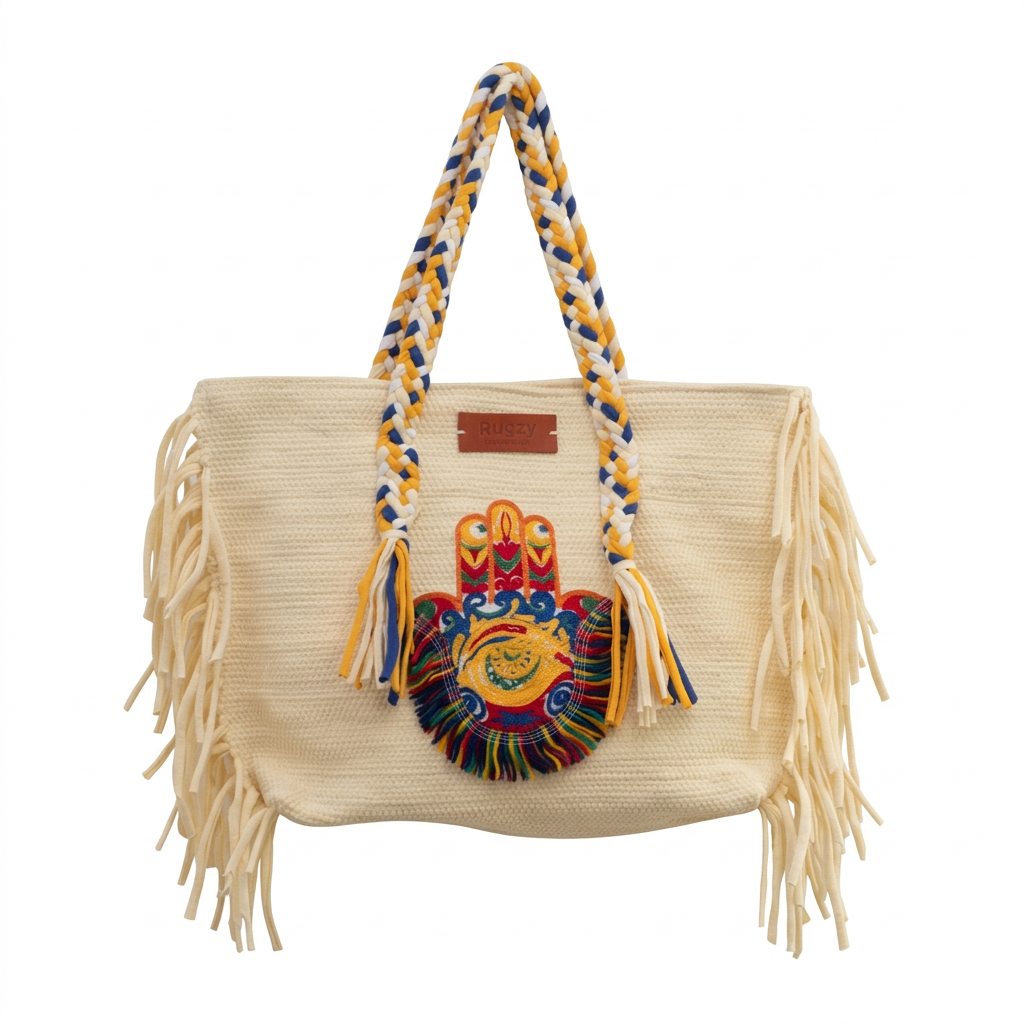 Off-White Hamsa Folk Art Evil Eye Fringe Beach Tote