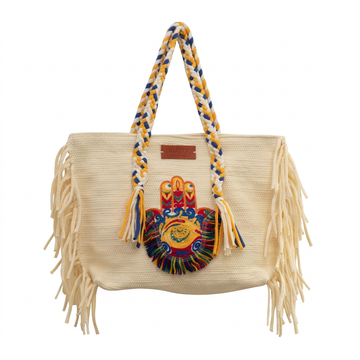 Off-White Hamsa Folk Art Evil Eye Fringe Beach Tote