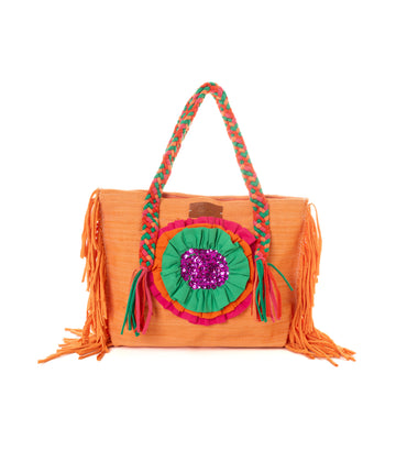 Orange Ruffled Flower Fringe Beach Tote