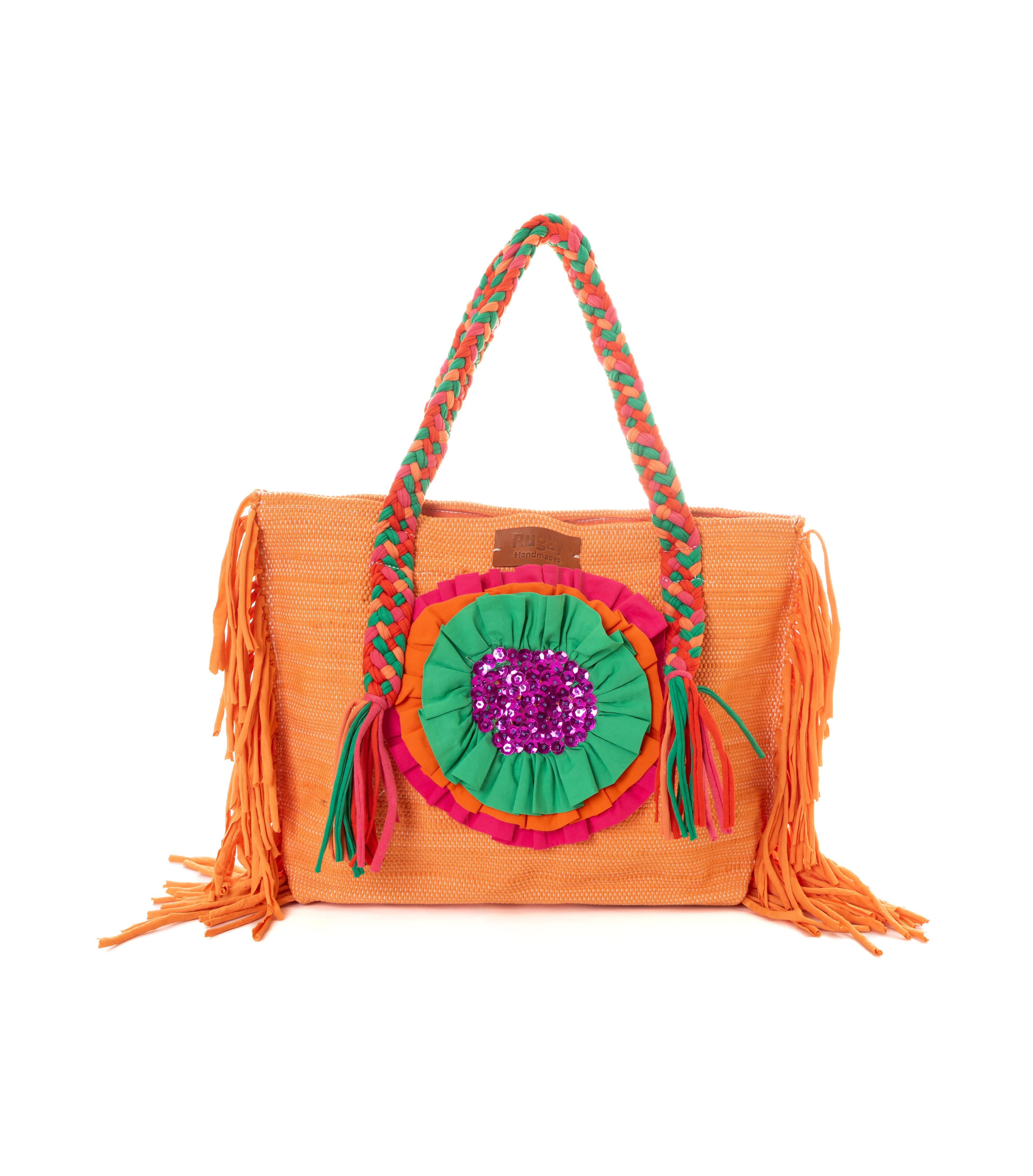 Orange Ruffled Flower Fringe Beach Tote