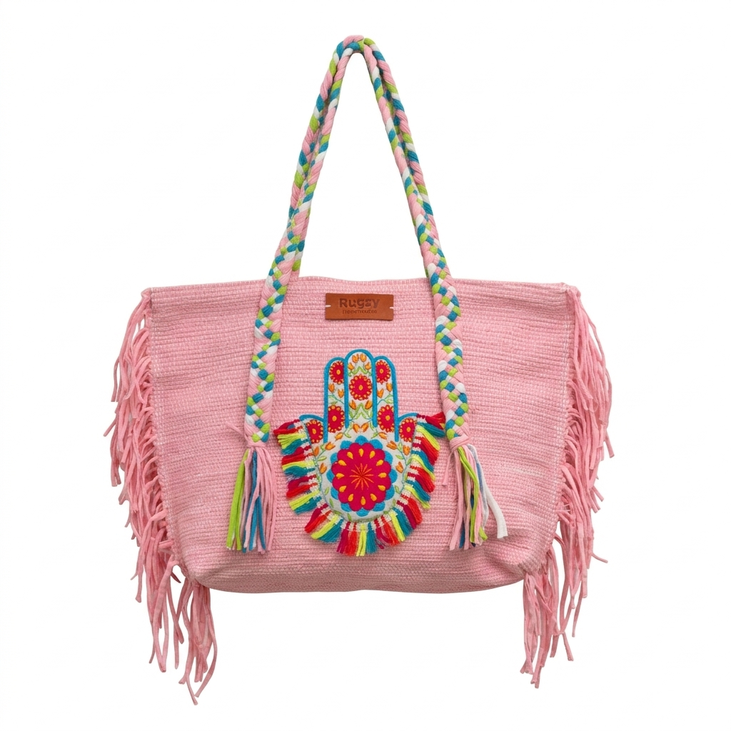 Baby Pink Hamsa Hand Rainbow Fringe Beach Tote