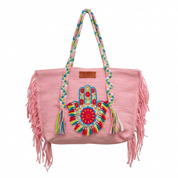 Baby Pink Hamsa Hand Rainbow Fringe Beach Tote