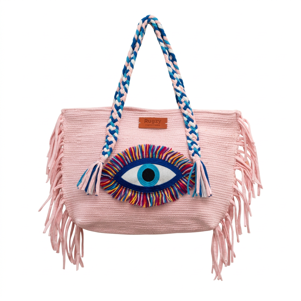 Rose Pink Evil Eye Fringe Beach Tote