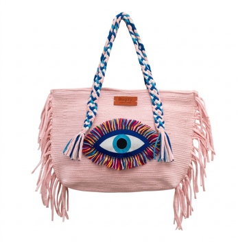 Rose Pink Evil Eye Fringe Beach Tote