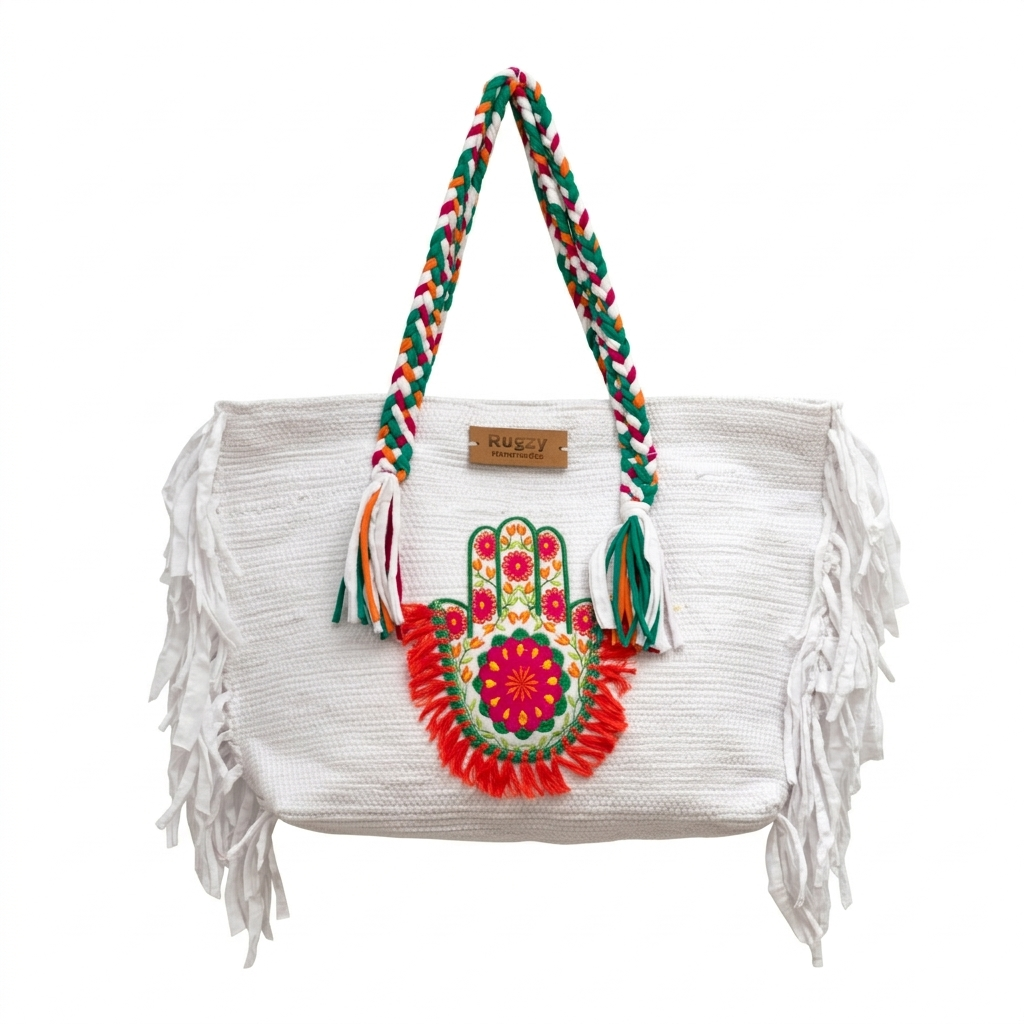 White Hamsa Hand Floral Fringe Beach Tote