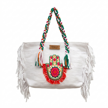 White Hamsa Hand Floral Fringe Beach Tote