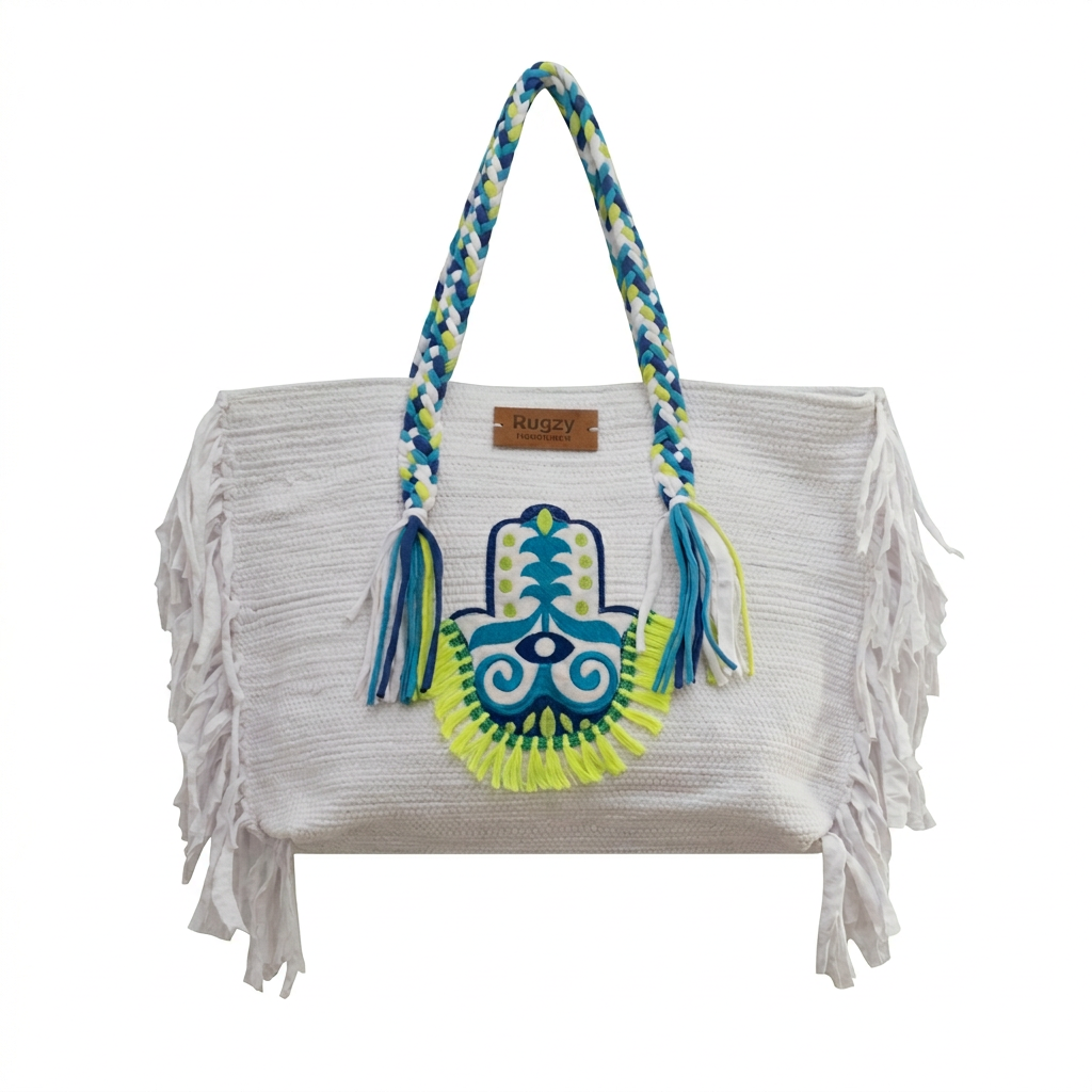 White Hamsa Evil Eye Folk Art Fringe Beach Tote