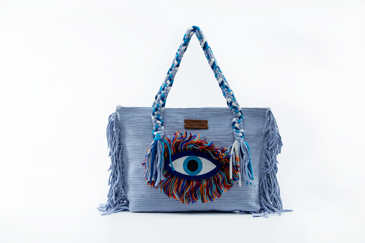 Baby Blue Evil Eye Fringe Beach Tote