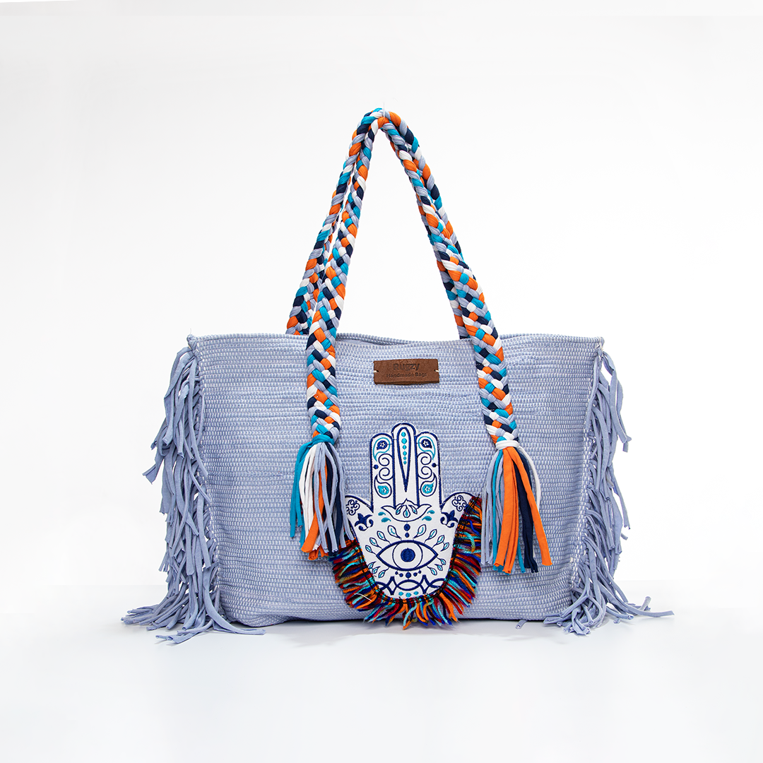 Baby Blue Hamsa Hand Fringe Beach Tote