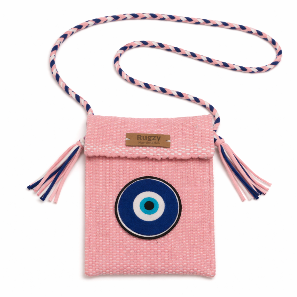 Hand-Loomed Crossbody Bag — Evil Eye | Baby Pink