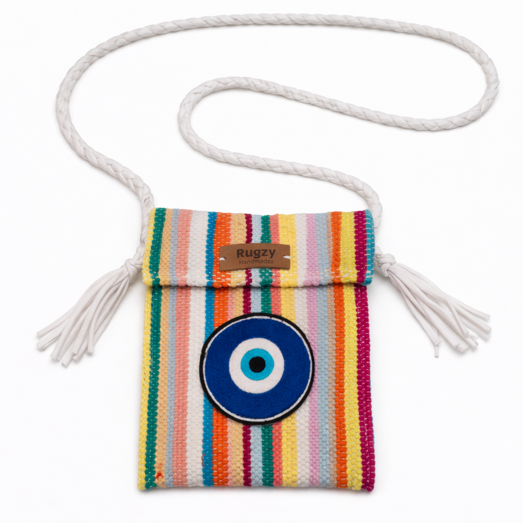 Hand-Loomed Crossbody Bag — Evil Eye | Rainbow Stripes - White Strap VI