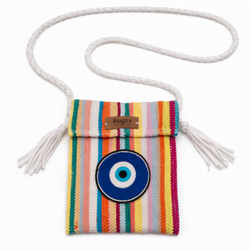 Hand-Loomed Crossbody Bag — Evil Eye | Rainbow Stripes - White Strap VI