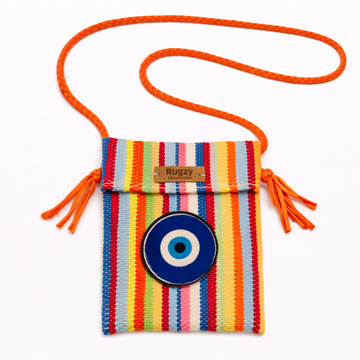 Hand-Loomed Crossbody Bag — Evil Eye | Rainbow Stripes - Orange Strap III