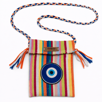 Hand-Loomed Crossbody Bag — Evil Eye | Rainbow Stripes - Orange Strap