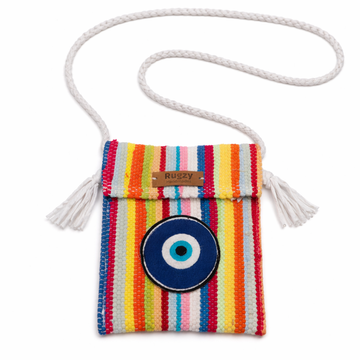 Hand-Loomed Crossbody Bag — Evil Eye | Rainbow Stripes - White Strap I