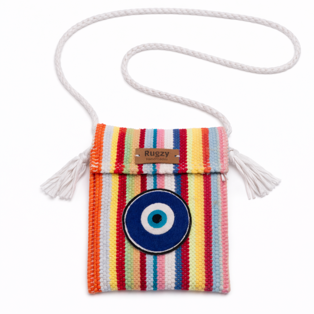 Hand-Loomed Crossbody Bag — Evil Eye | Rainbow Stripes - White Strap II