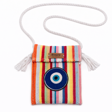 Hand-Loomed Crossbody Bag — Evil Eye | Rainbow Stripes - White Strap II