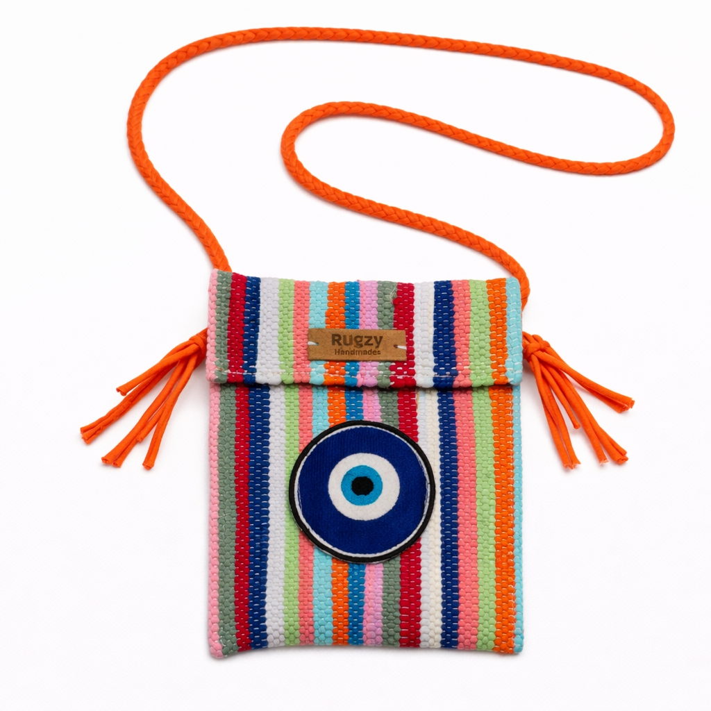 Hand-Loomed Crossbody Bag — Evil Eye | Rainbow Stripes - Orange Strap II