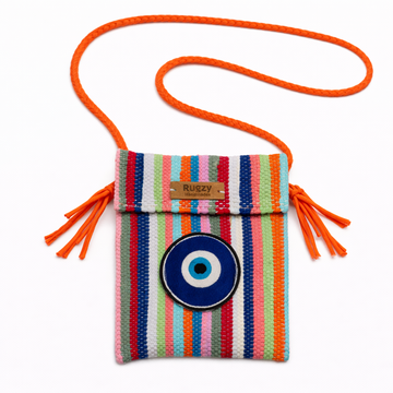 Hand-Loomed Crossbody Bag — Evil Eye | Rainbow Stripes - Orange Strap II