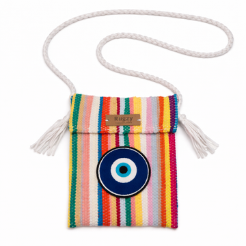 Hand-Loomed Crossbody Bag — Evil Eye | Rainbow Stripes - White Strap III