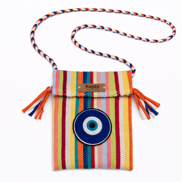 Hand-Loomed Crossbody Bag — Evil Eye | Rainbow Stripes - Multicolor Strap