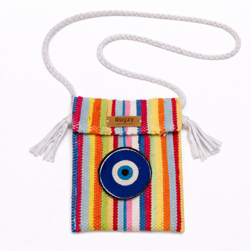Hand-Loomed Crossbody Bag — Evil Eye | Rainbow Stripes - White Strap IV