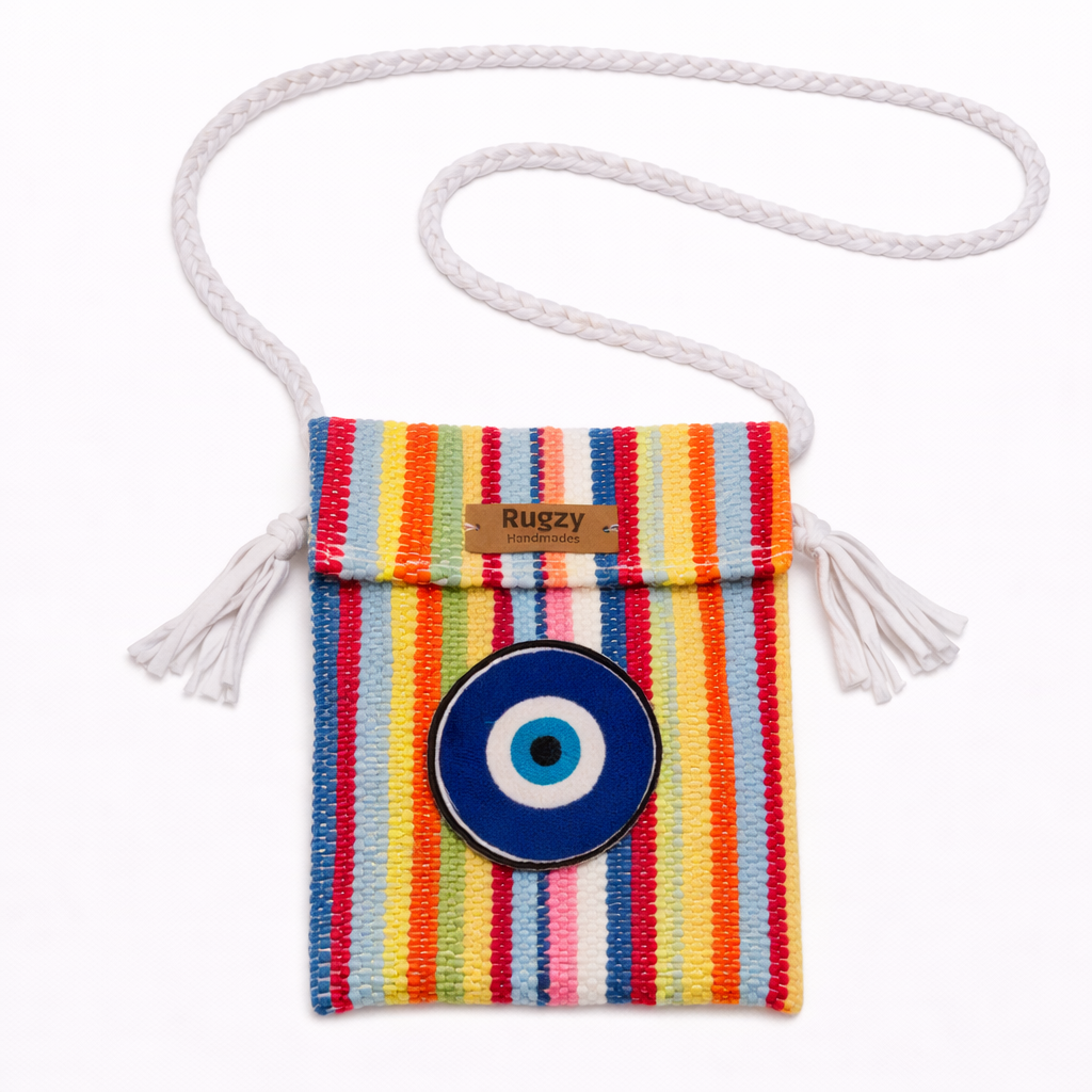 Hand-Loomed Crossbody Bag — Evil Eye | Rainbow Stripes - White Strap V