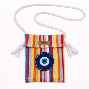 Hand-Loomed Crossbody Bag — Evil Eye | Rainbow Stripes - White Strap V